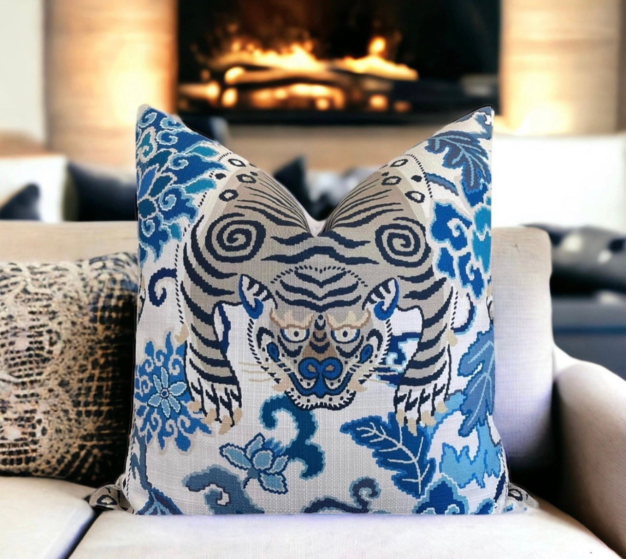 Blue Tibetan Tiger Pillow Cover 18x18, 20x20, 22x22, 24x24, 12x20, 12x –  Kings Road Home Decor