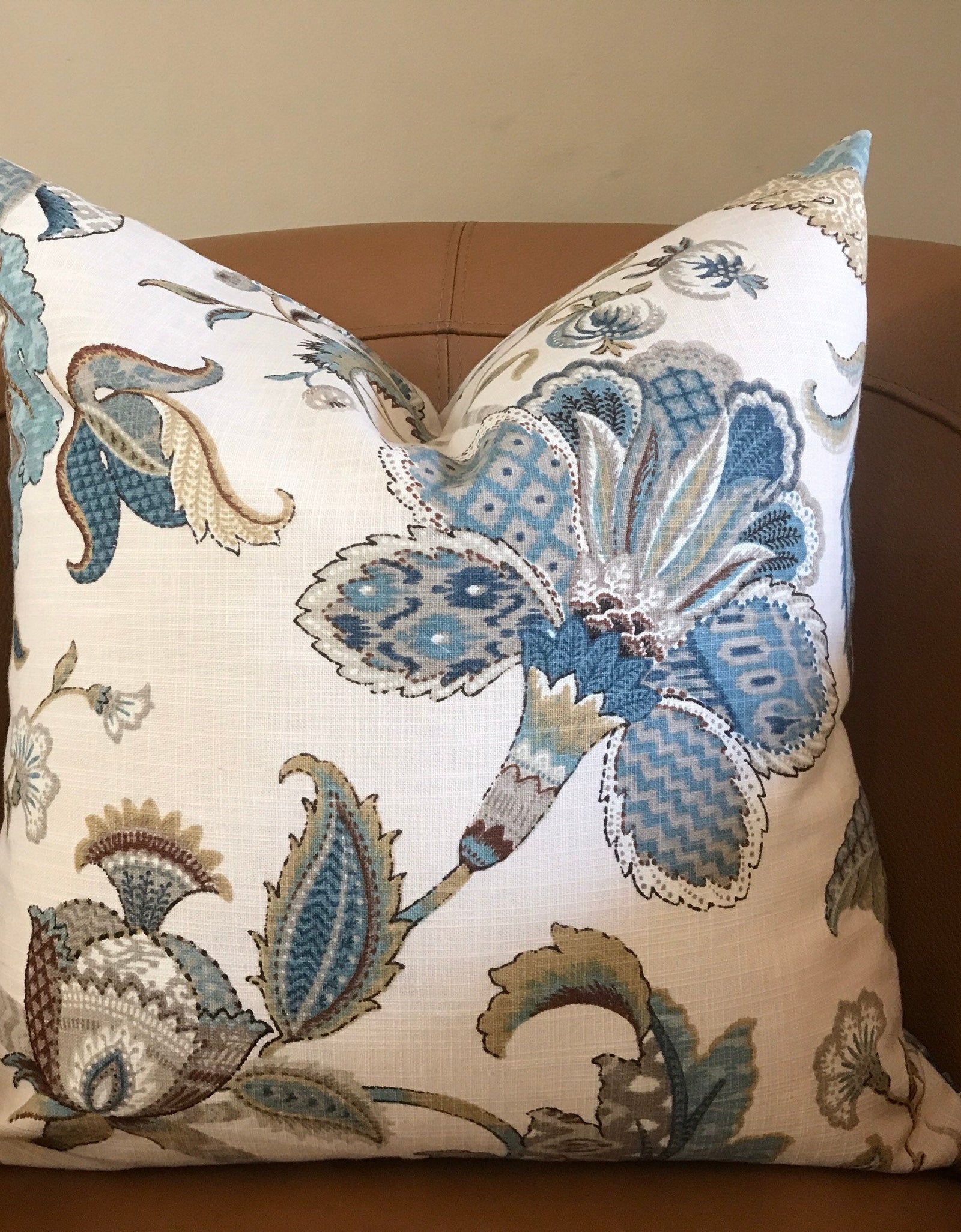 Blue and White Designer Pillow Cover, Jacobean Floral Style, Sofa Pillows,  Hampton Style Floral Eurosham Accent Cushion 18x18 HAZEGA 